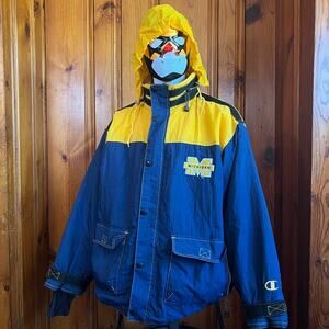 Champion XL Y2K Michigan Hooded Jacket Blue Yellow Oversized